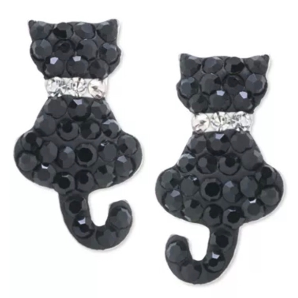 NWT SS Black Crystal Cat Stud Earrings